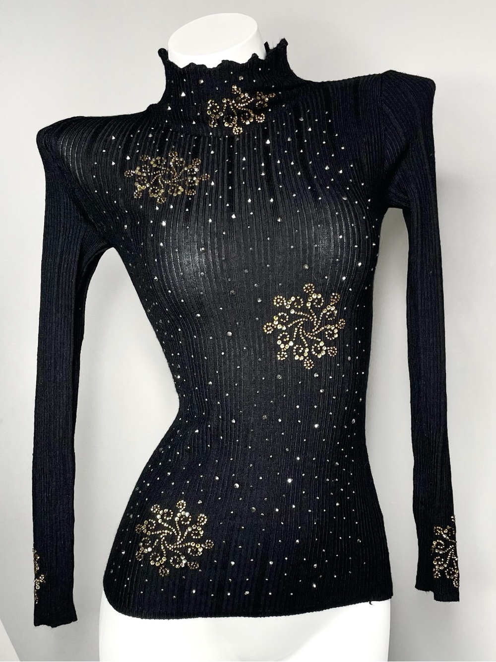 Black Gold Rhinestone Embellished Long Sleeve Knit Top